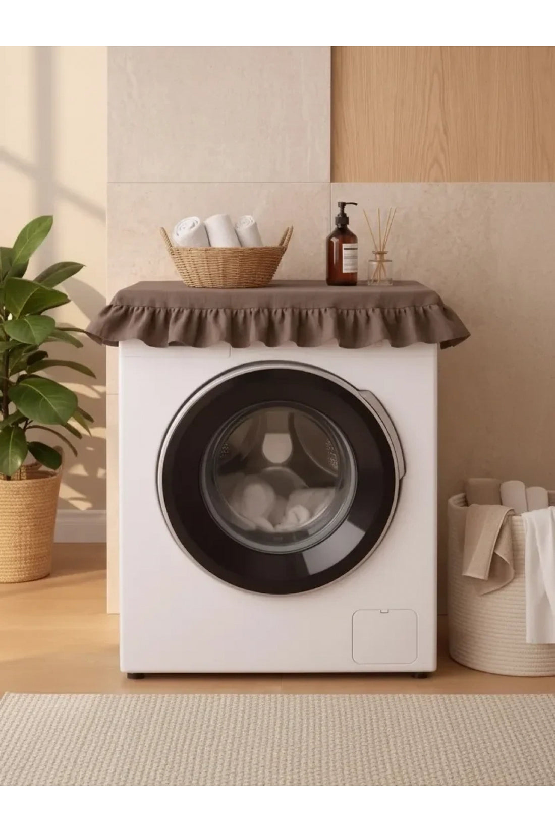 NDC HOME Fırfırlı Çamaşır Makinesi Örtüsü - Çeyizlik Dekoratif Banyo Makine Kılıfı- Kahverengi