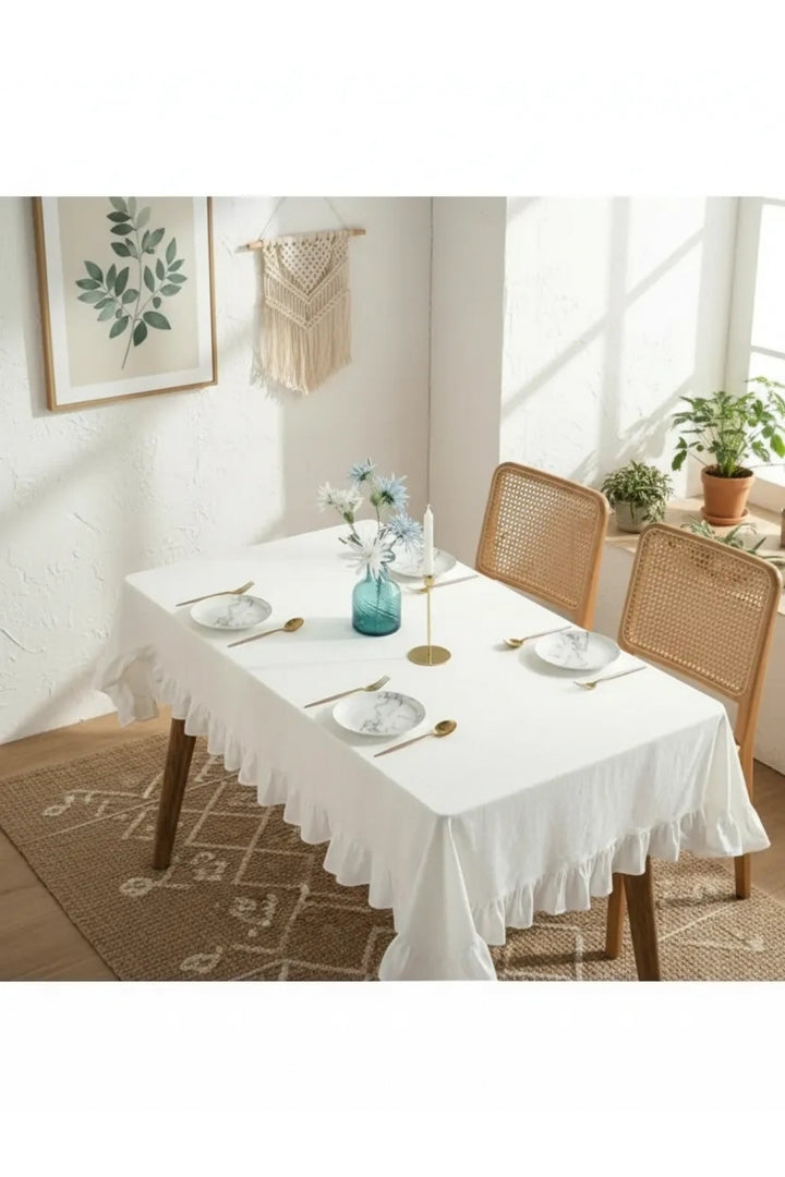 NDC HOME Premium Keten Beyaz Fırfırlı Masa Örtüsü