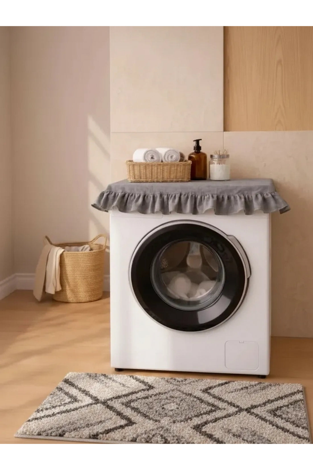 NDC HOME Fırfırlı Çamaşır Makinesi Örtüsü - Çeyizlik Dekoratif Banyo Makine Kılıfı- Antrasit