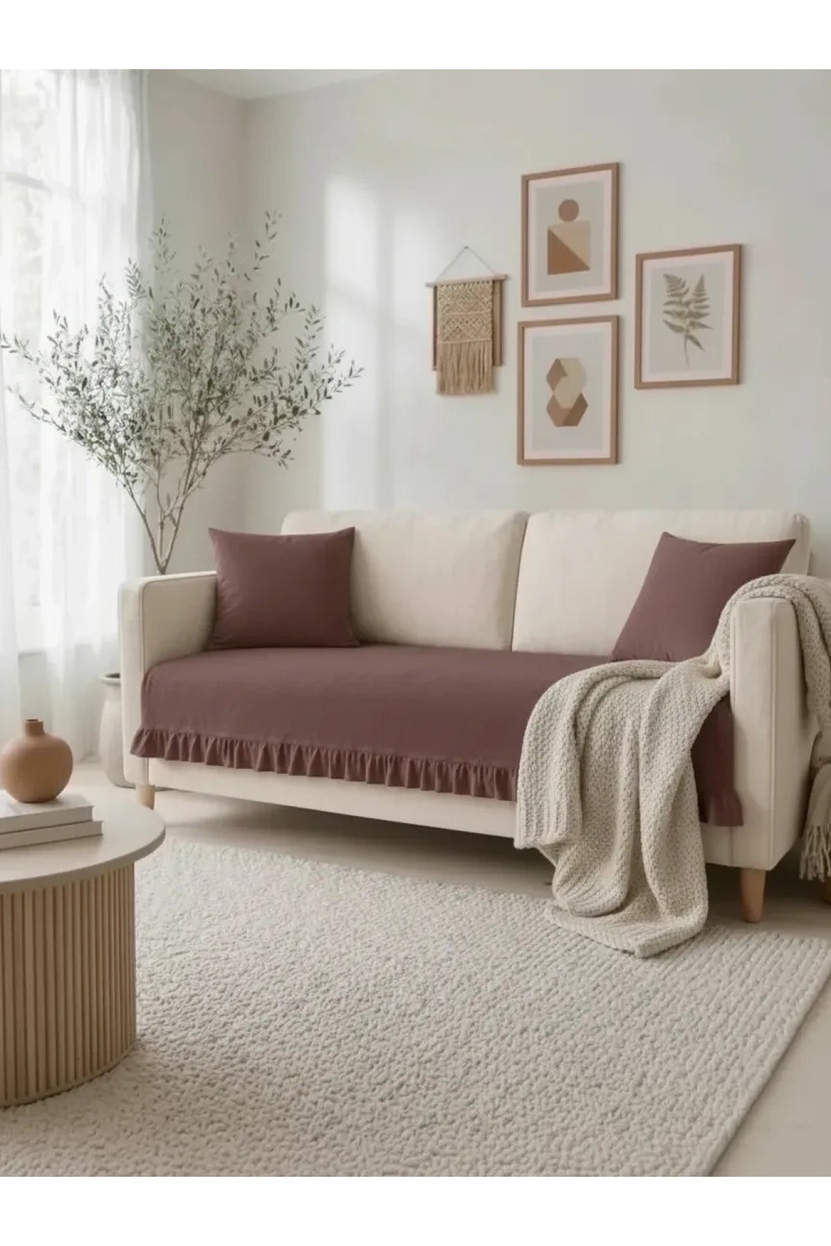 NDC HOME Fırfırlı Keten Koltuk Örtüsü [Kırlentli]-Kahverengi