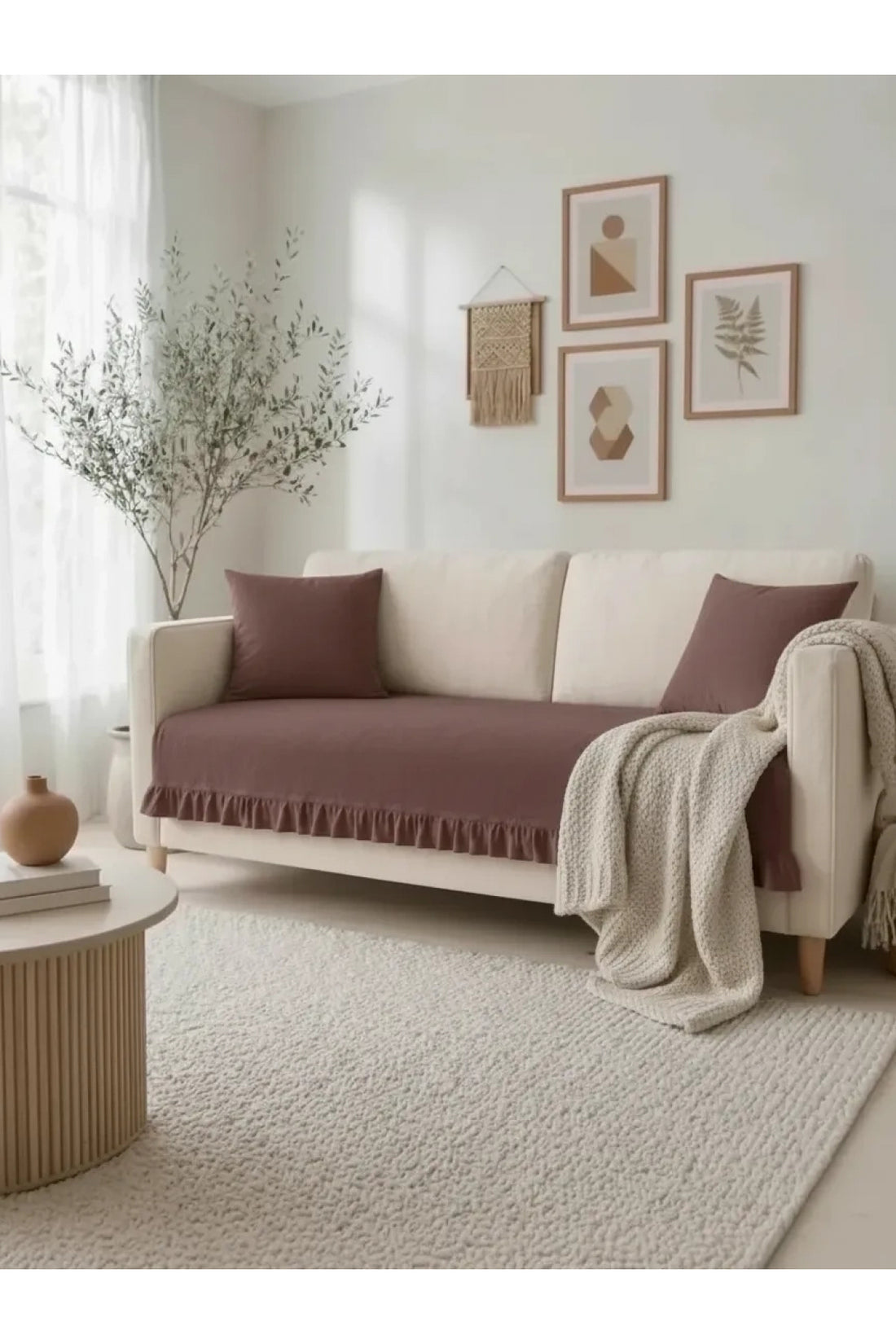 NDC HOME Fırfırlı Keten Koltuk Örtüsü [Kırlentli]-Kahverengi