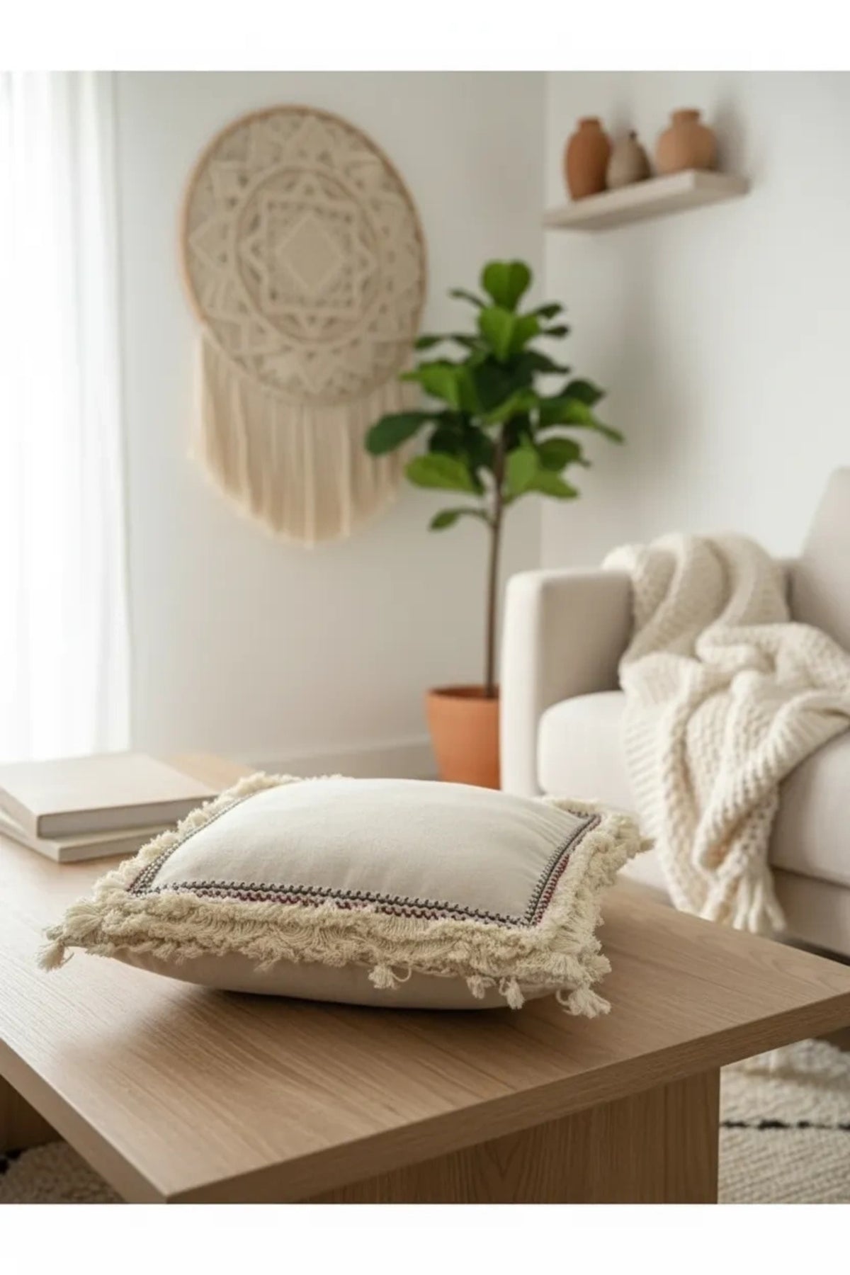 NDC HOME Dört Kenar Püsküllü Keten Krem Kırlent Kırlent Kılıfı43x43][
