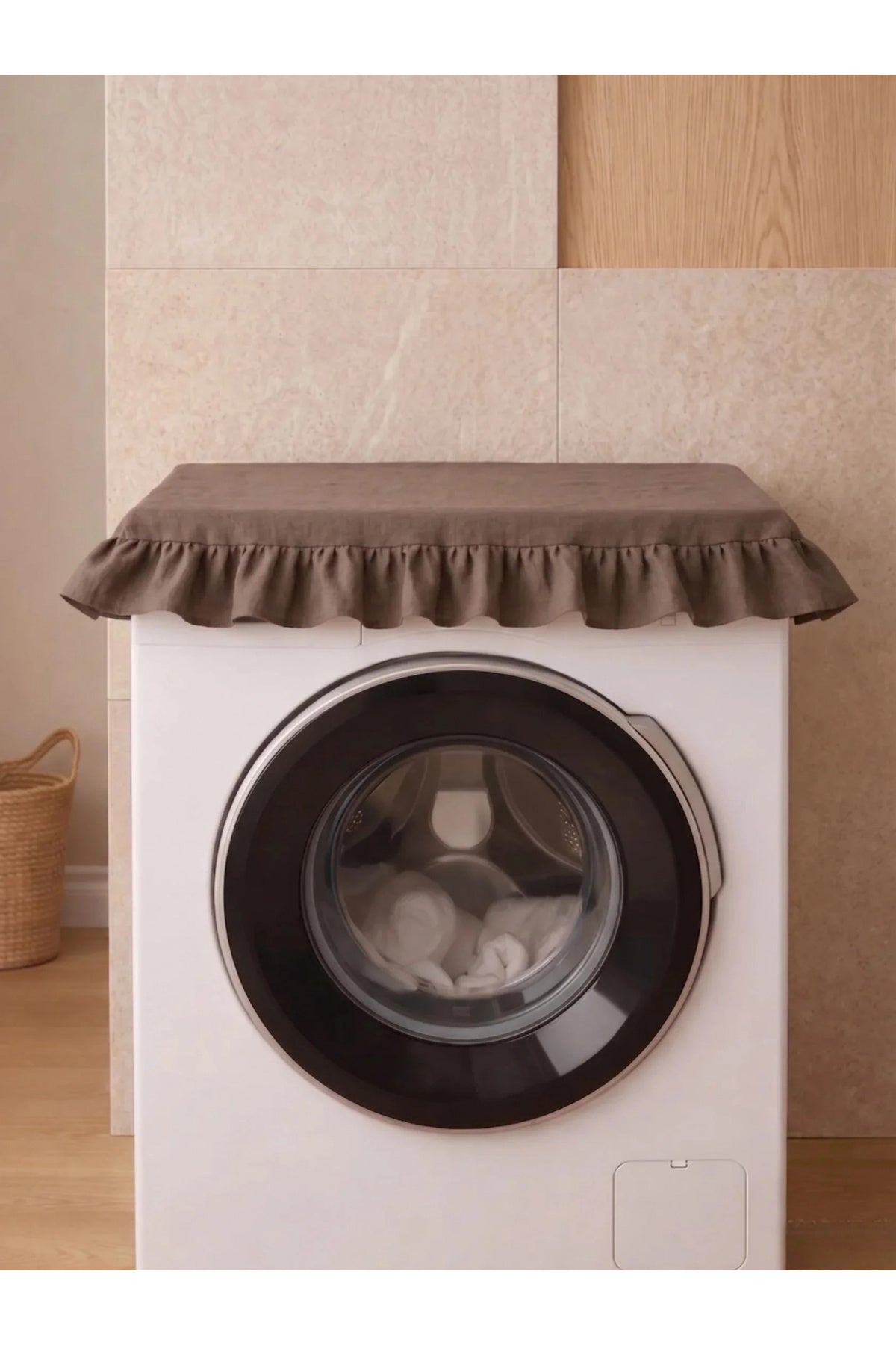 NDC HOME Fırfırlı Çamaşır Makinesi Örtüsü - Çeyizlik Dekoratif Banyo Makine Kılıfı- Kahverengi