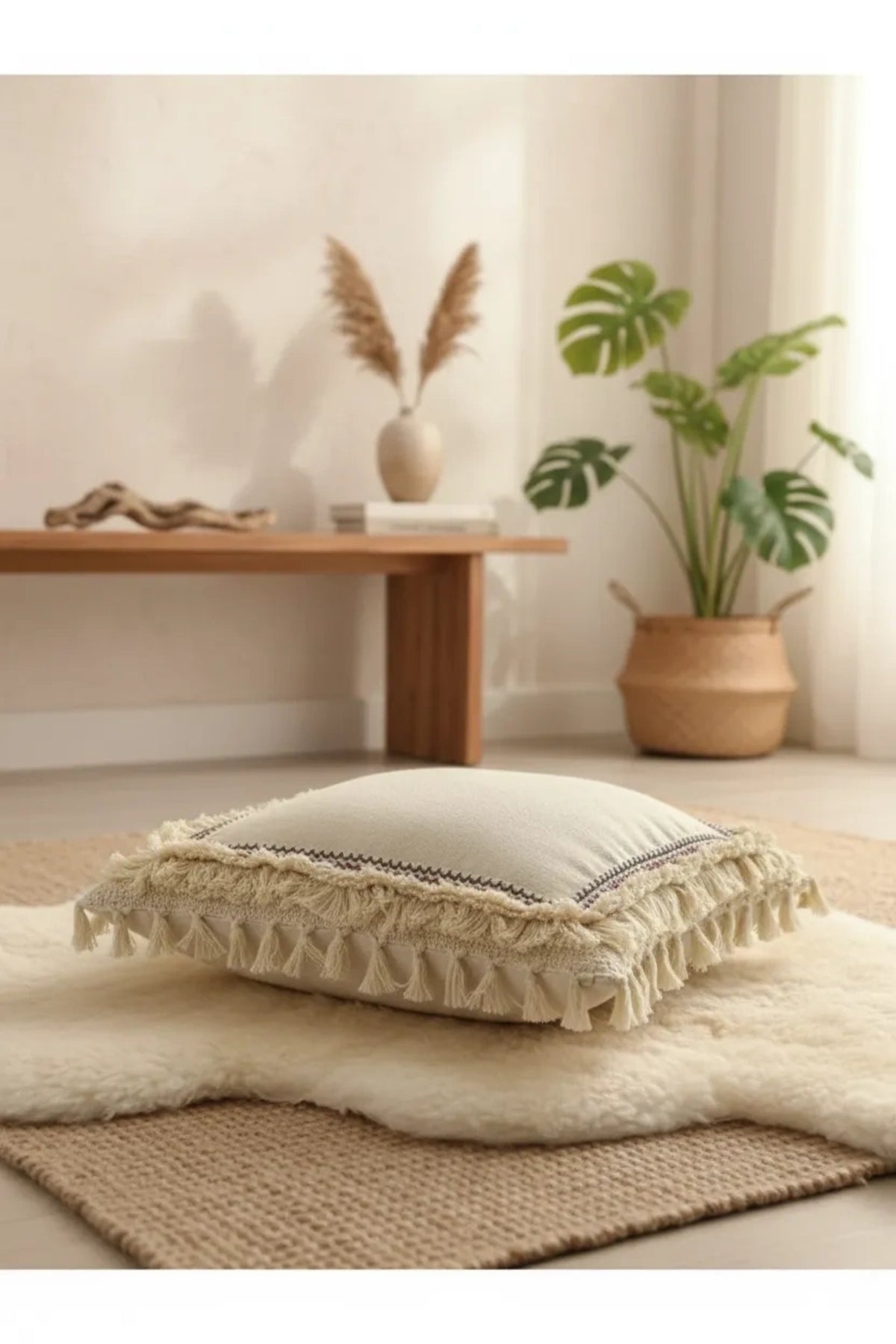 NDC HOME Dört Kenar Püsküllü Keten Krem Kırlent Kırlent Kılıfı43x43][