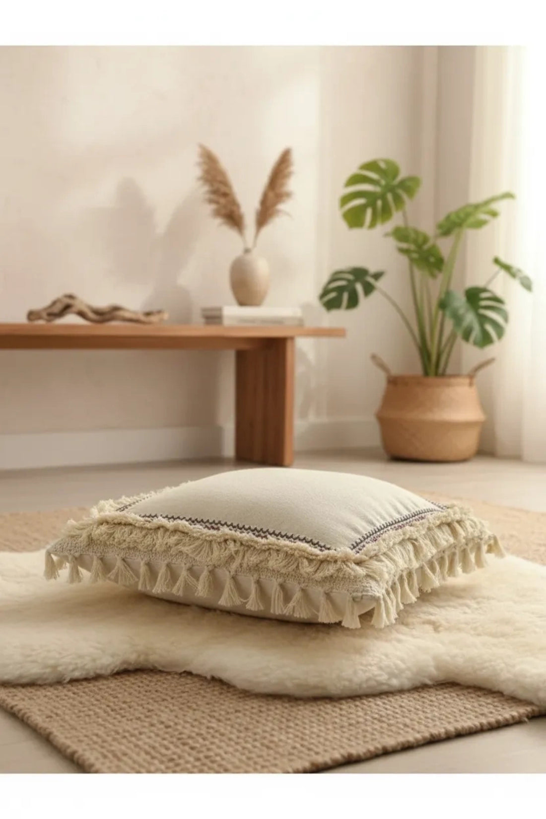 NDC HOME Dört Kenar Püsküllü Keten Krem Kırlent Kırlent Kılıfı43x43][
