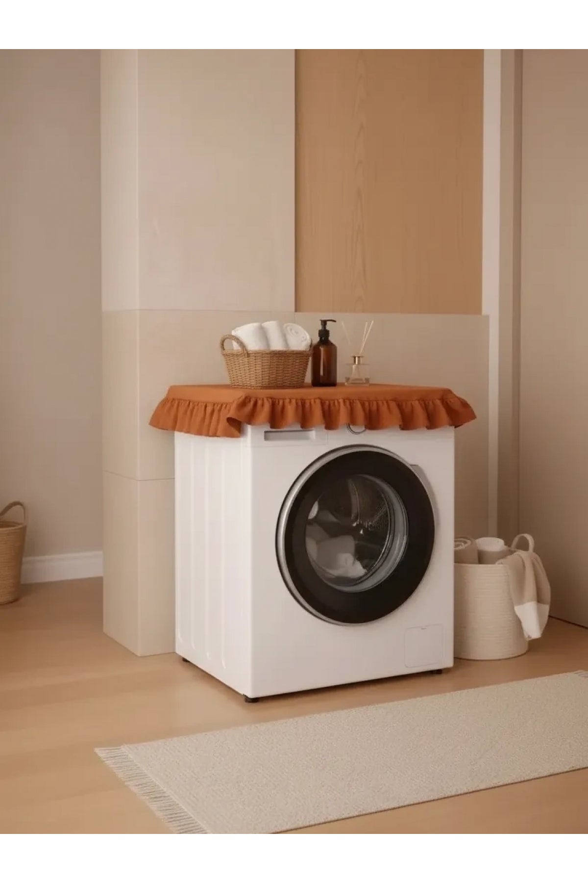NDC HOME Fırfırlı Çamaşır Makinesi Örtüsü - Çeyizlik Dekoratif Banyo Makine Kılıfı- Tarçın