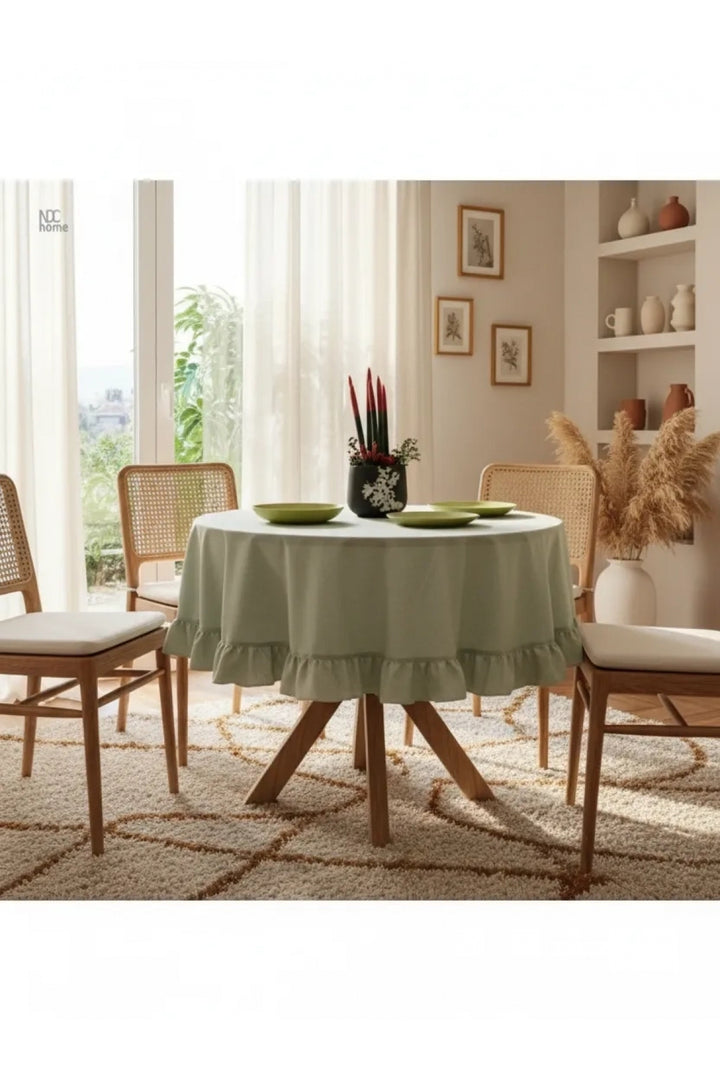 NDC HOME Premium Keten Adaçayı Yeşil FIRFIRLI YUVARLAK Masa Örtüsü