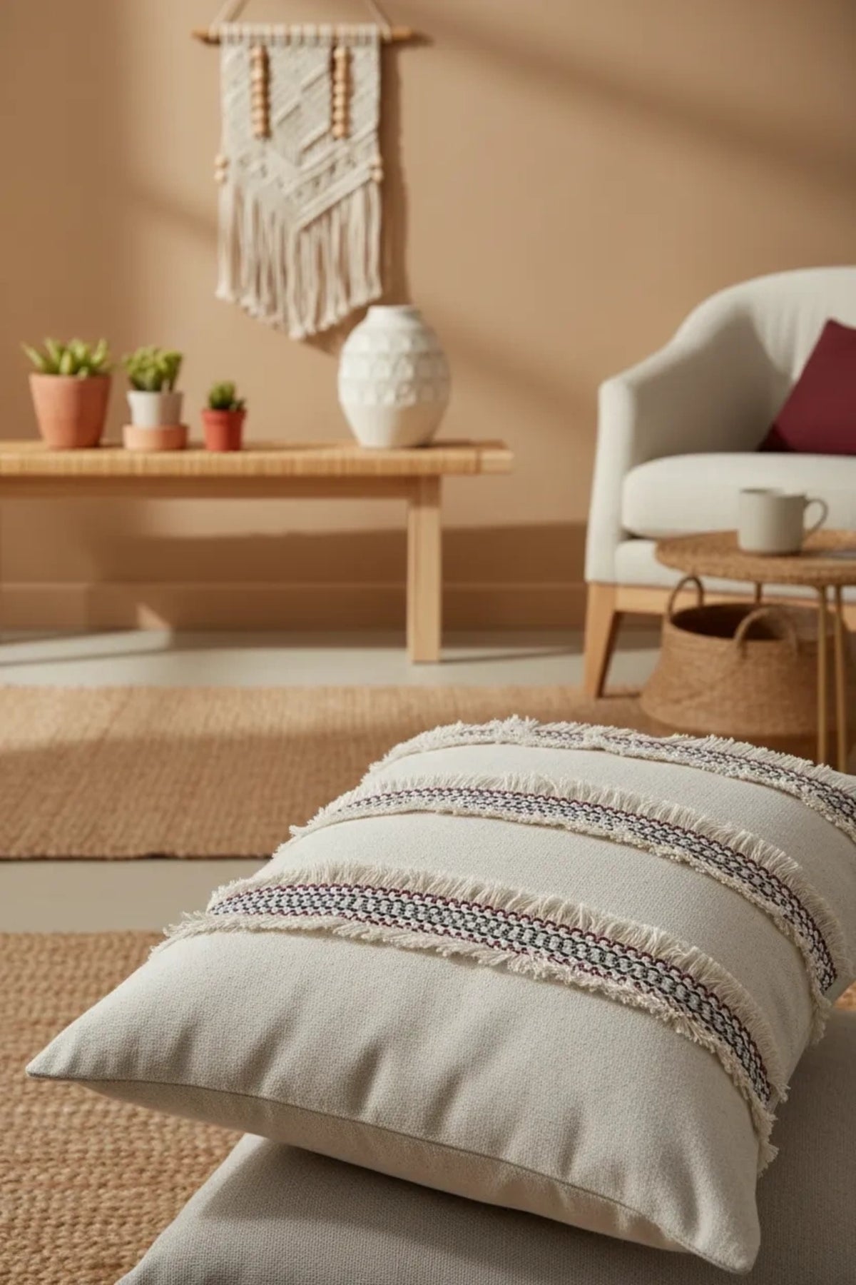 NDC HOME Mini Çift Püsküllü Keten Krem Kırlent 2 Adet Kırlent Kılıfı(43 X 43)