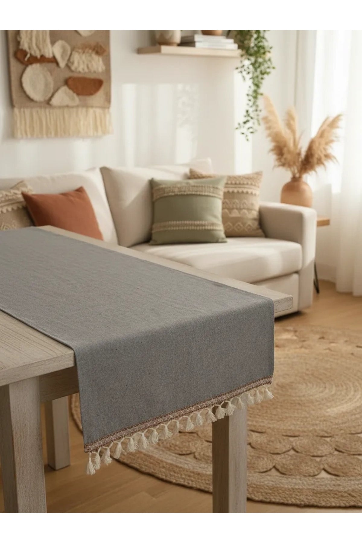 NDC HOME Keten Gri Antrasit Şeritli Ponpon Runner 150 X 45