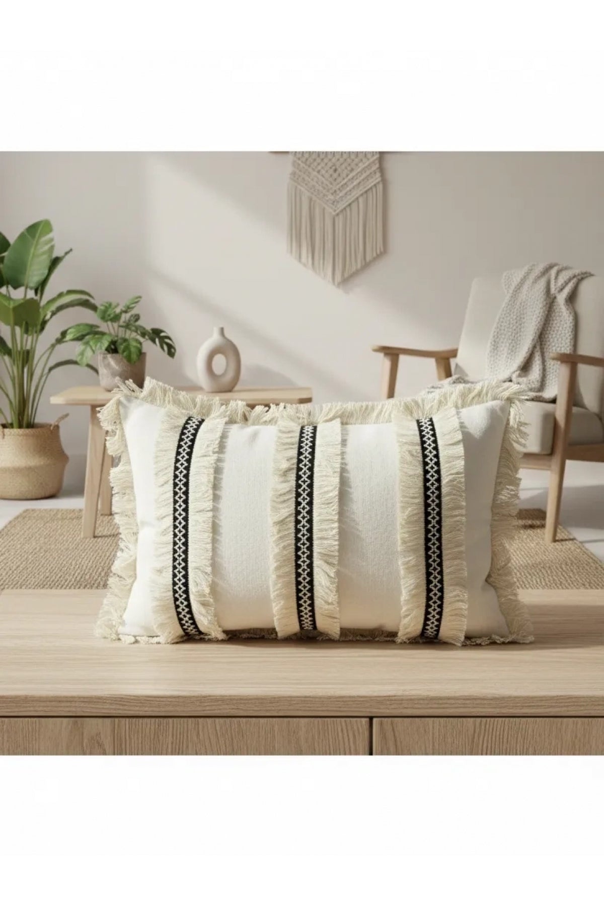 NDC HOME Keten Krem Üç Püsküllü Kırlent 2 Adet Kırlent Kılıfı (35 x 55)