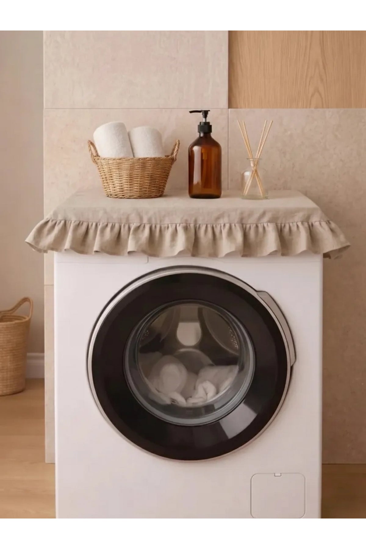 NDC HOME Fırfırlı Çamaşır Makinesi Örtüsü - Çeyizlik Dekoratif Banyo Makine Kılıfı- Bej