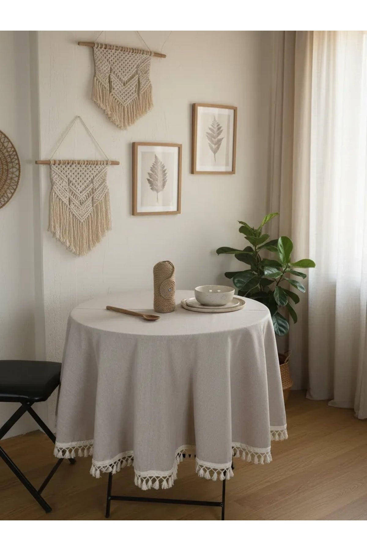 NDC HOME Bej Ham Ponponlu YUVARLAK Masa Örtüsü