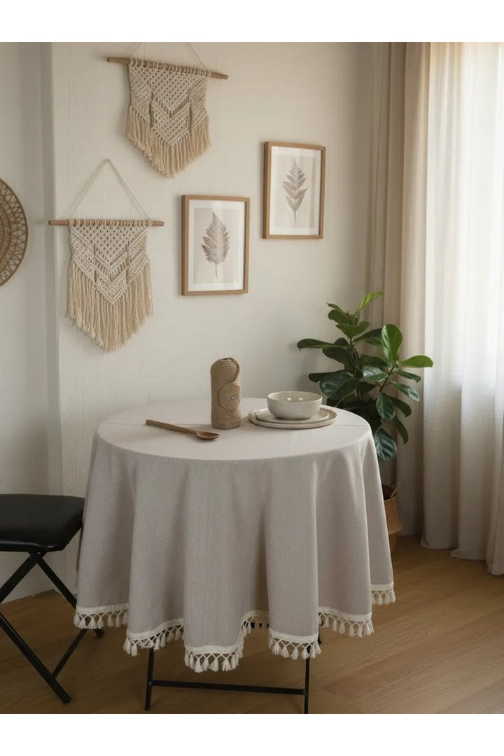NDC HOME Bej Ham Ponponlu YUVARLAK Masa Örtüsü