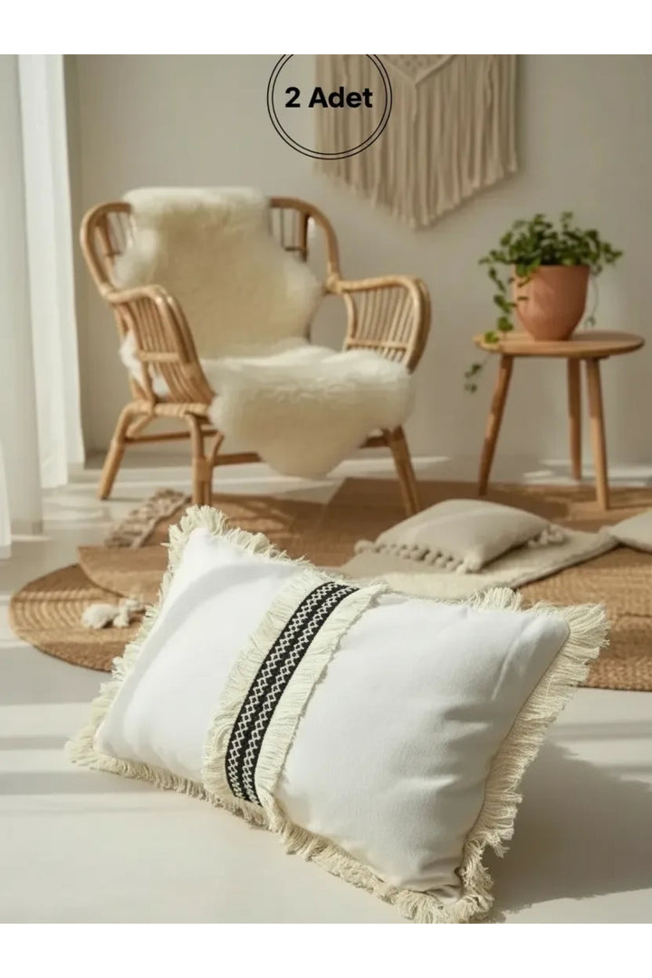 NDC HOME Keten Krem Siyah Şeritli Püsküllü Kırlent Kırlent Kılıfı(35 X 55 )