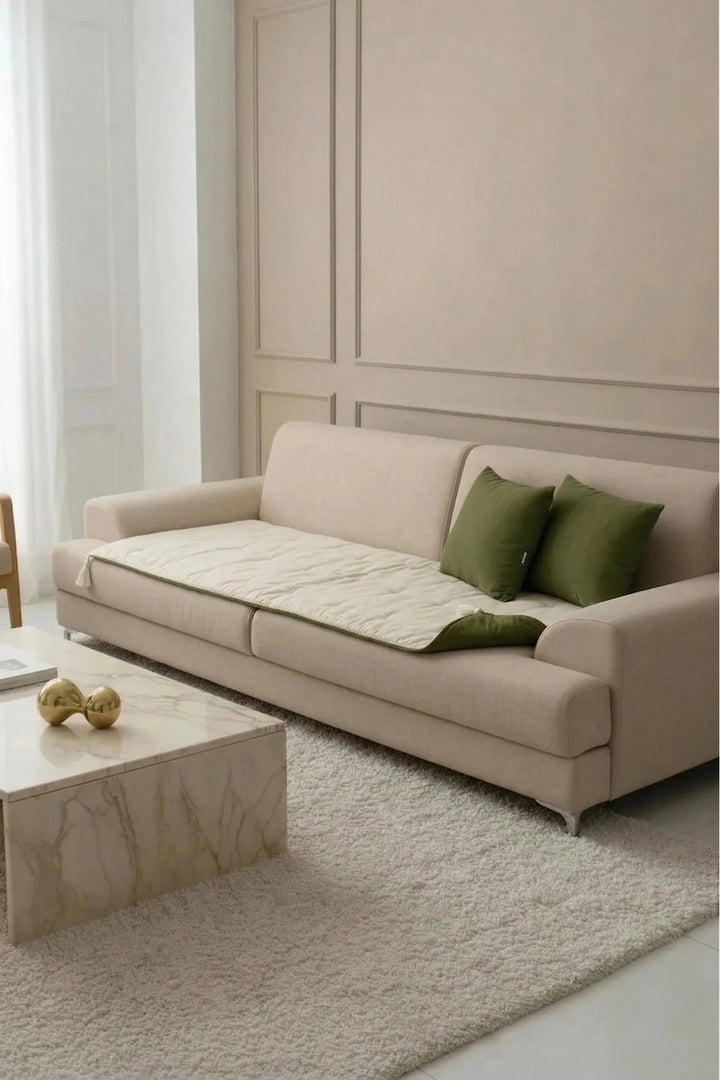 NDC HOME Luxury Çift Taraflı Keten Koltuk Pedi / Şiltesi [Kırlentli] - Haki-Krem