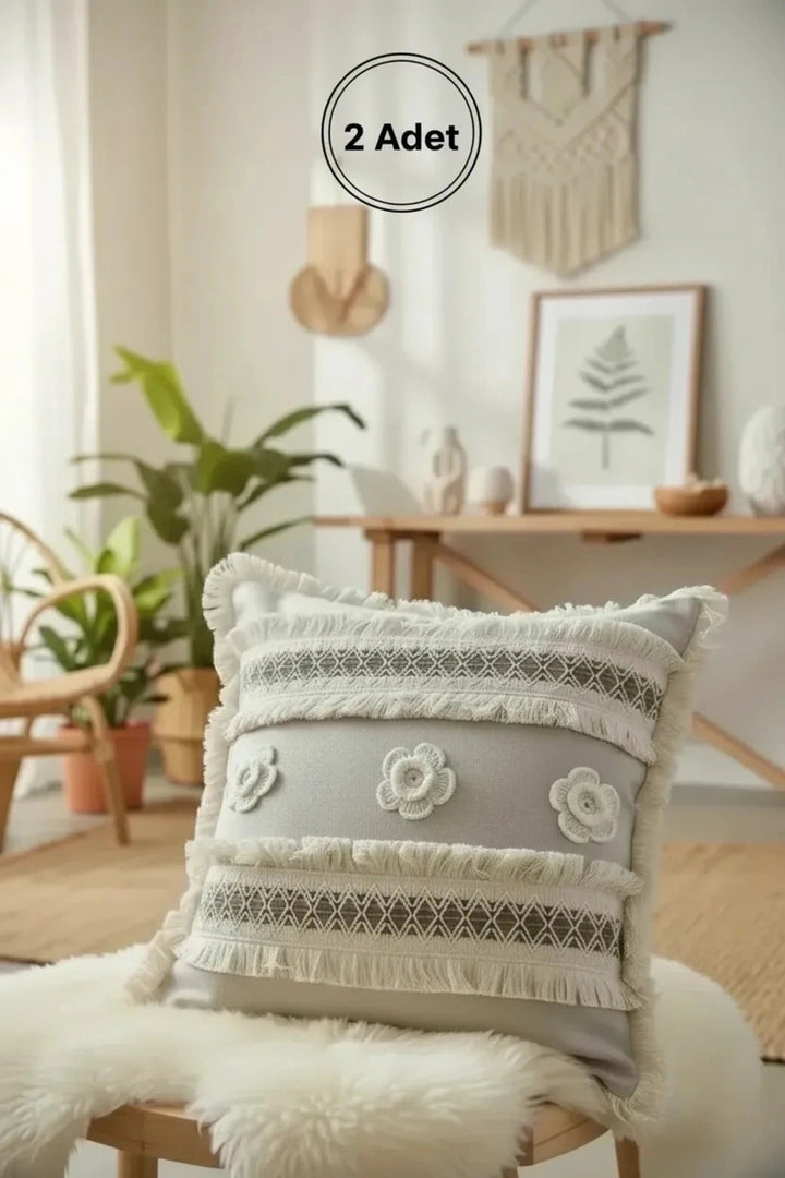 NDC HOME Kalın Dantel Püsküllü ve Motifli Keten Krem Kırlent Kırlent Kılıfı (43 x 43)