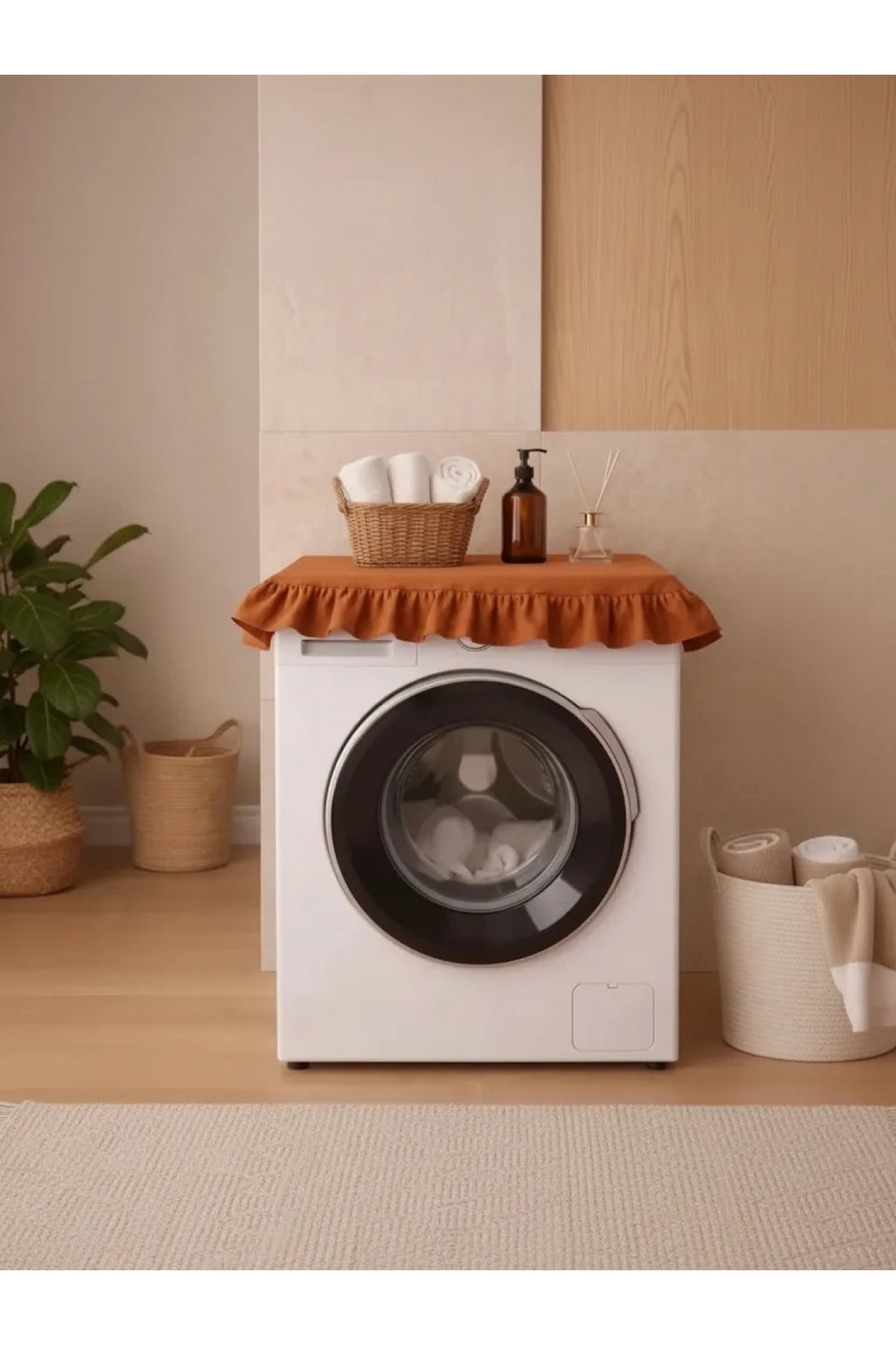 NDC HOME Fırfırlı Çamaşır Makinesi Örtüsü - Çeyizlik Dekoratif Banyo Makine Kılıfı- Tarçın