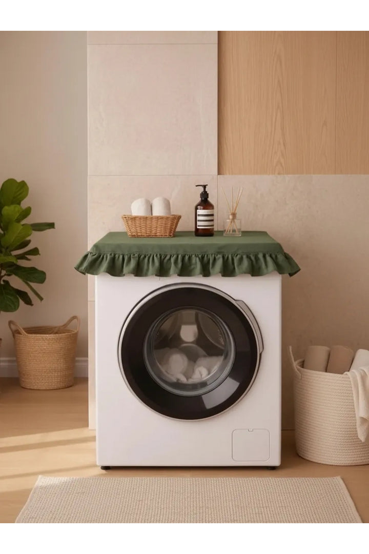 NDC HOME Fırfırlı Çamaşır Makinesi Örtüsü - Çeyizlik Dekoratif Banyo Makine Kılıfı- Haki