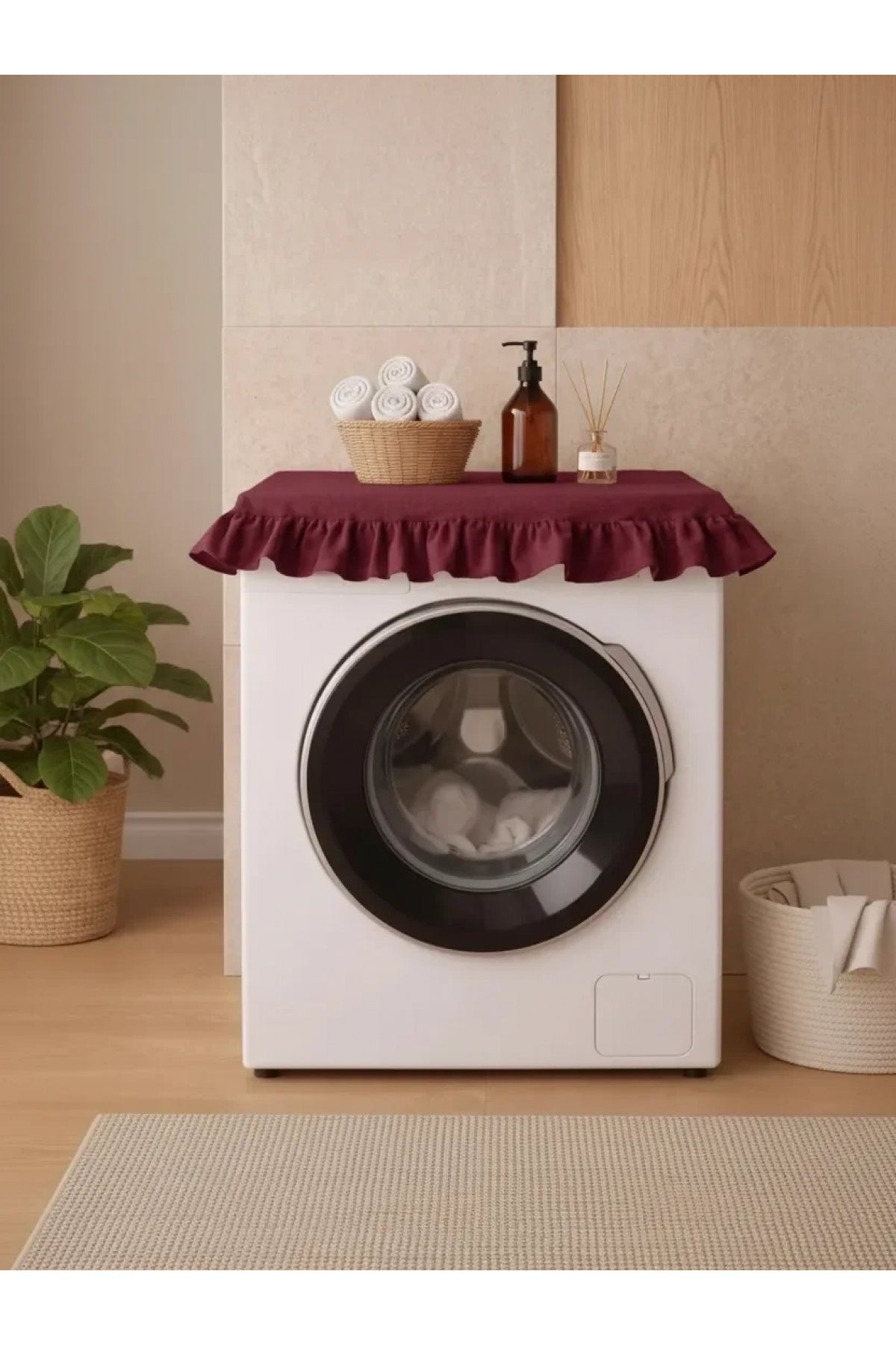NDC HOME Fırfırlı Çamaşır Makinesi Örtüsü - Çeyizlik Dekoratif Banyo Makine Kılıfı- Bordo