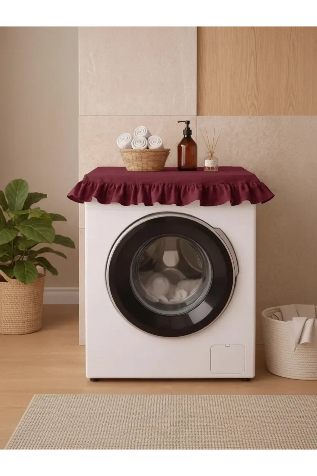 NDC HOME Fırfırlı Çamaşır Makinesi Örtüsü - Çeyizlik Dekoratif Banyo Makine Kılıfı- Bordo