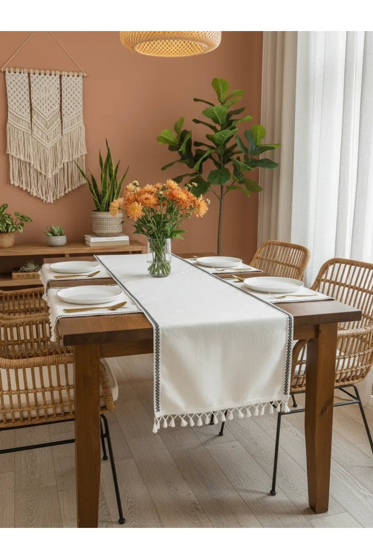 NDC HOME Ham Keten Siyah Şeritli Ponponlu 50 X 150 Cm. Krem Runner.