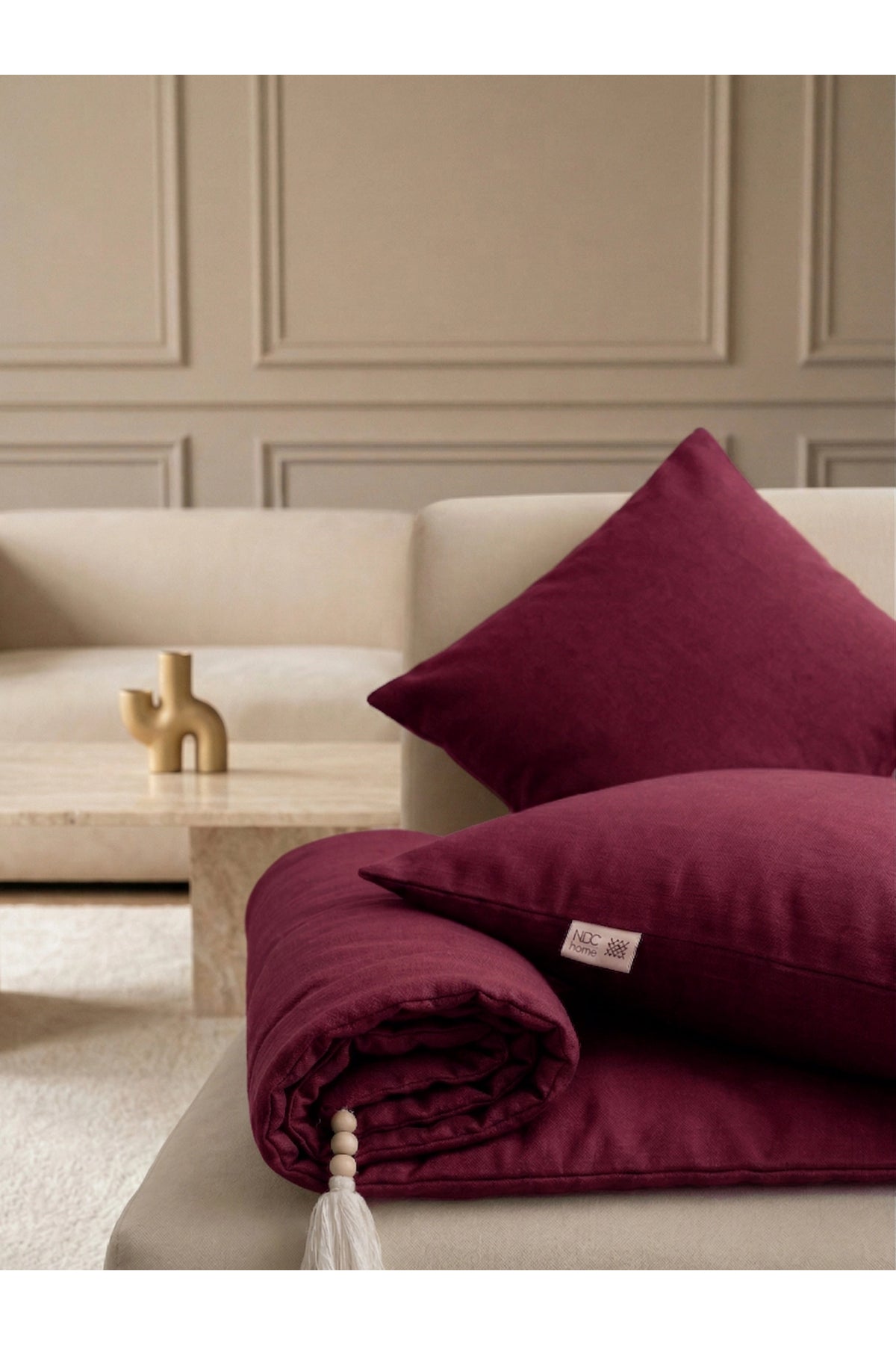 NDC HOME Luxury Keten Koltuk Pedi / Şiltesi [Kırlentli] - Bordo