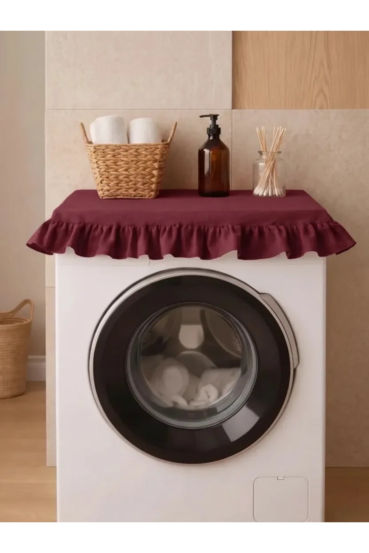 NDC HOME Fırfırlı Çamaşır Makinesi Örtüsü - Çeyizlik Dekoratif Banyo Makine Kılıfı- Bordo
