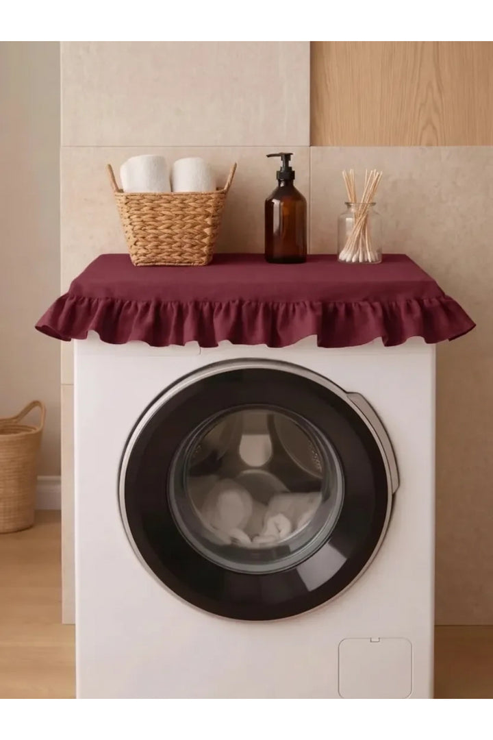 NDC HOME Fırfırlı Çamaşır Makinesi Örtüsü - Çeyizlik Dekoratif Banyo Makine Kılıfı- Bordo
