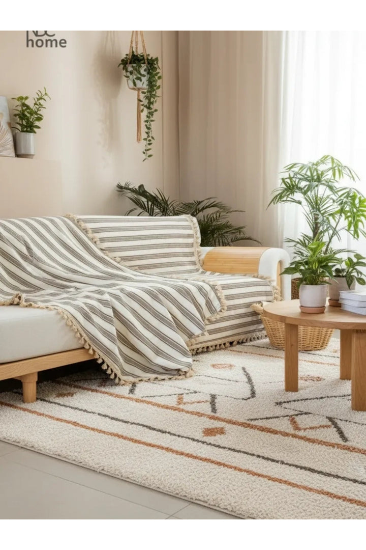 NDC HOME Premium Keten Kahverengi Çizgili Bej Ponponlu   Koltuk Örtüsü (170 x 220)