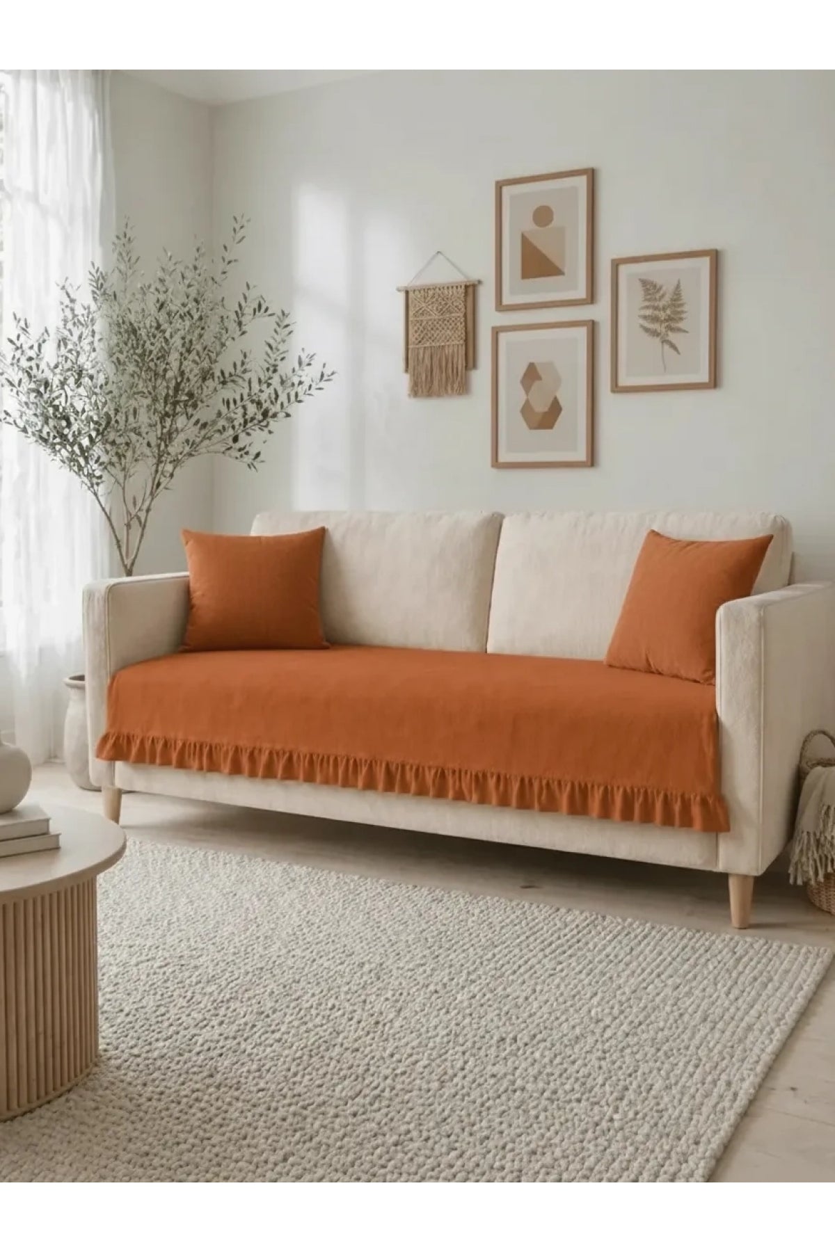 NDC HOME Fırfırlı Keten Koltuk Örtüsü [Kırlentli]-Tarçın