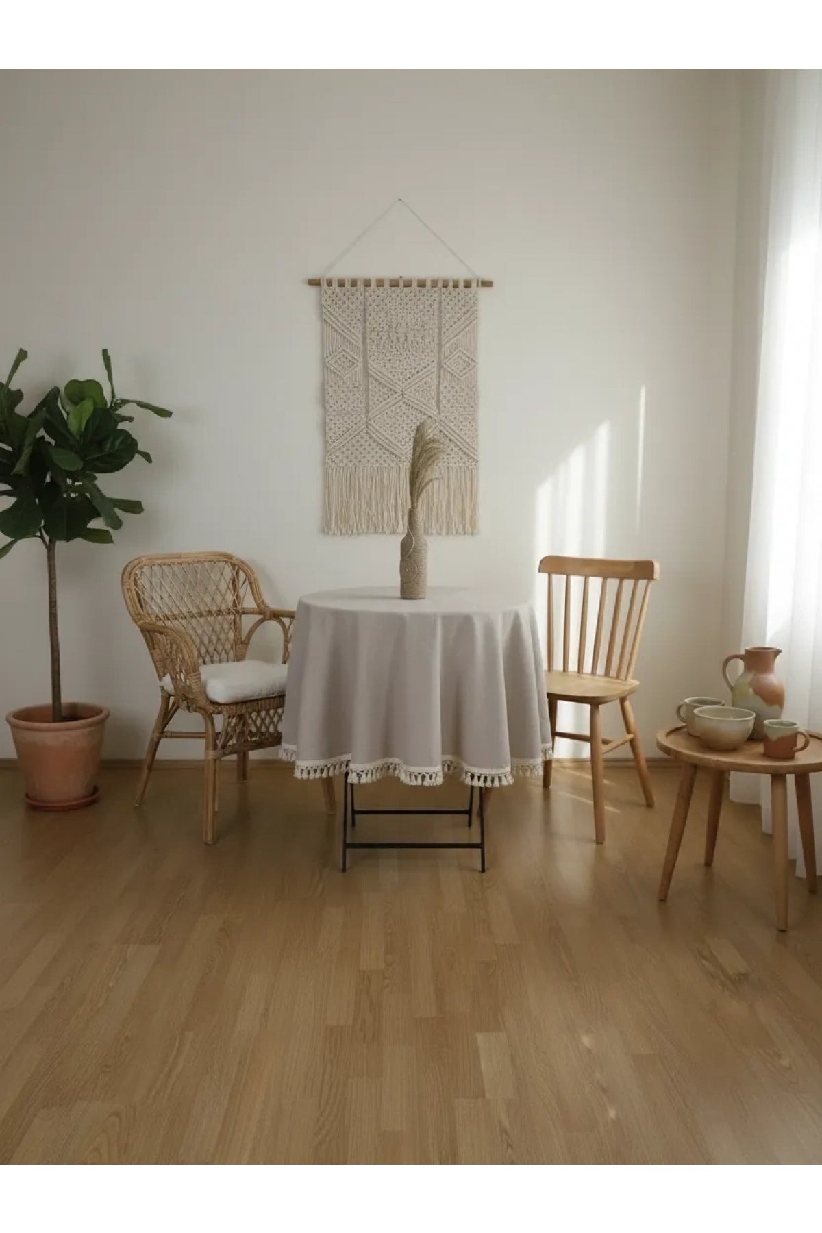 NDC HOME Bej Ham Ponponlu YUVARLAK Masa Örtüsü