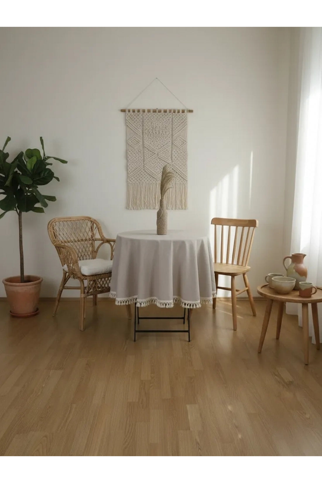 NDC HOME Bej Ham Ponponlu YUVARLAK Masa Örtüsü