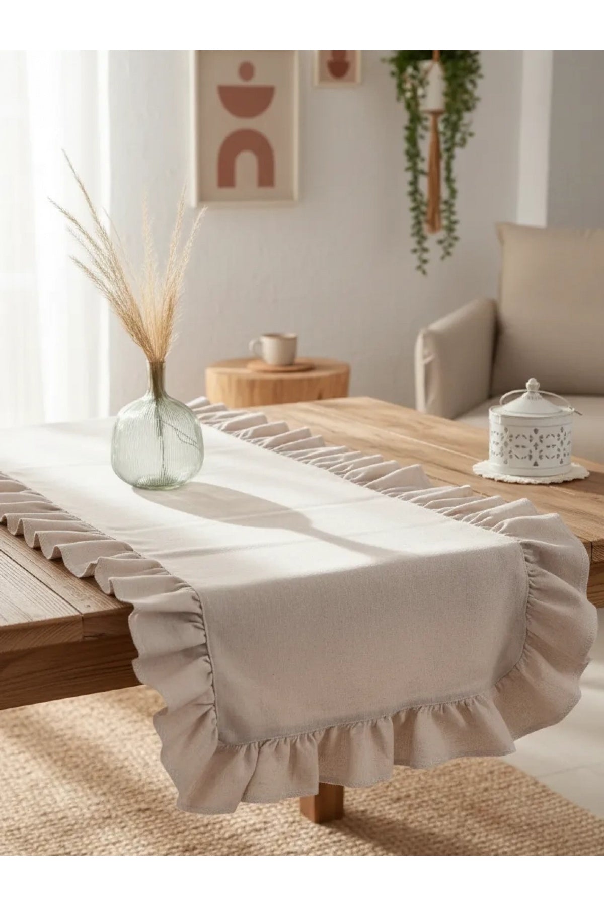 NDC HOME Fırfırlı BEJ Keten Runner Masa Örtüsü