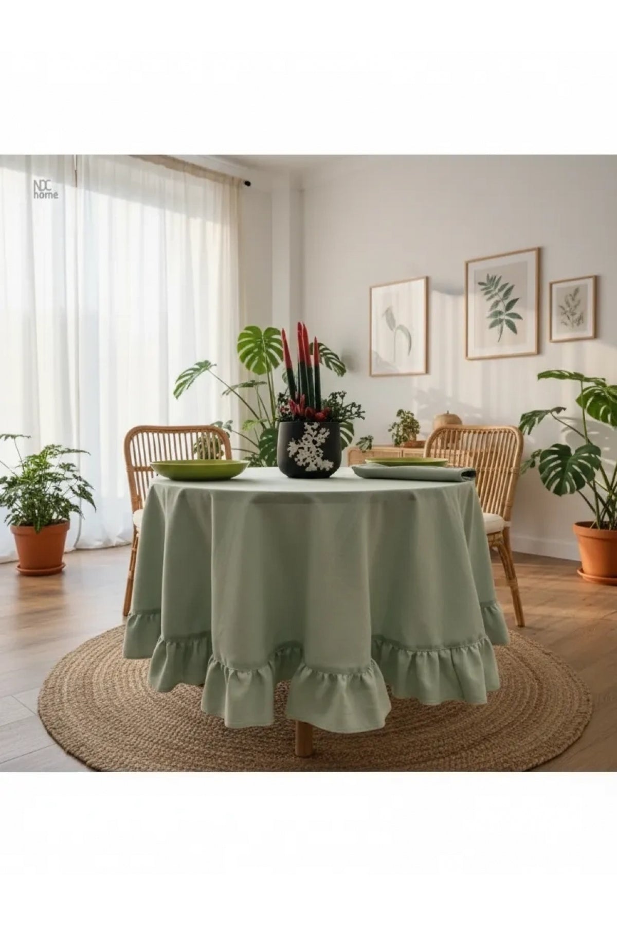 NDC HOME Premium Keten Adaçayı Yeşil FIRFIRLI YUVARLAK Masa Örtüsü