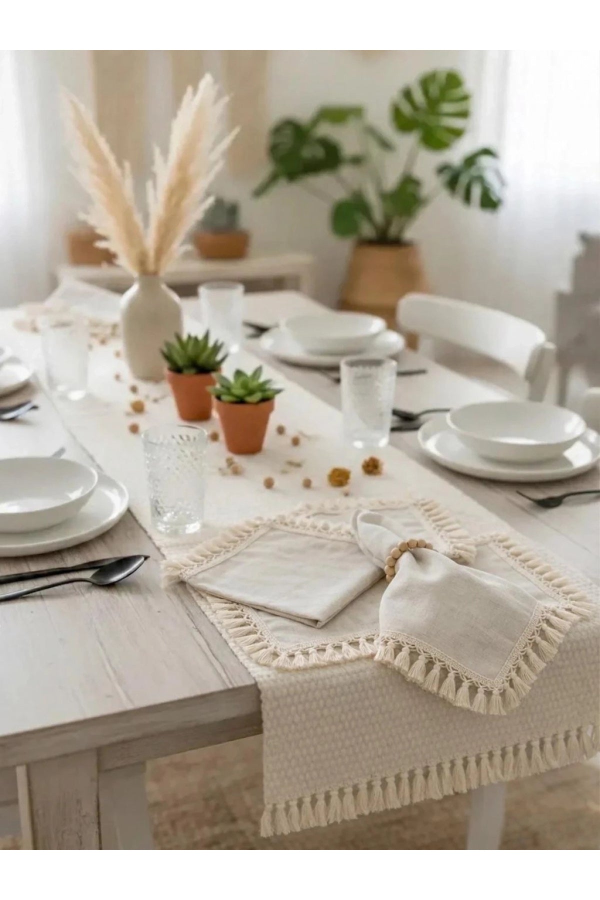 NDC HOME Organik Ham Keten Ham Ponponlu 6lı Ahsap Toka Hediyeli 40 X 40 Peçete Takımı