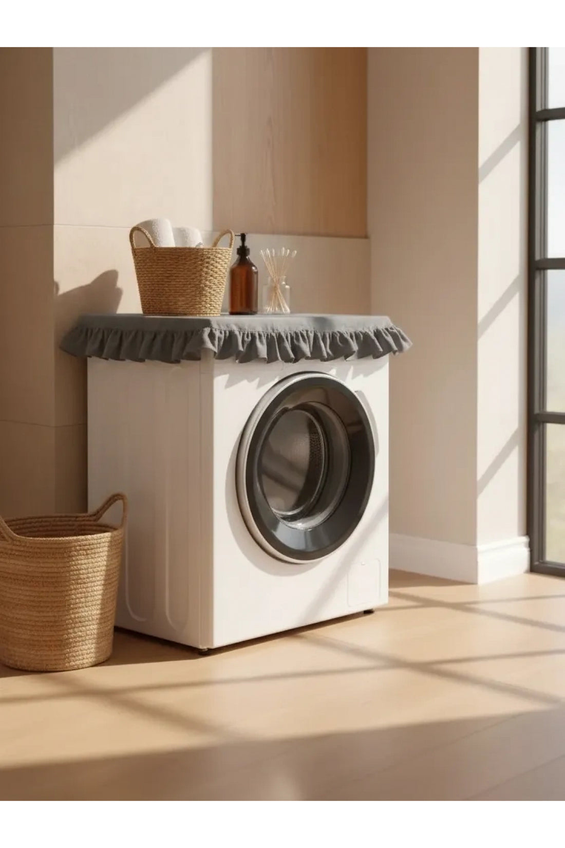 NDC HOME Fırfırlı Çamaşır Makinesi Örtüsü - Çeyizlik Dekoratif Banyo Makine Kılıfı- Füme