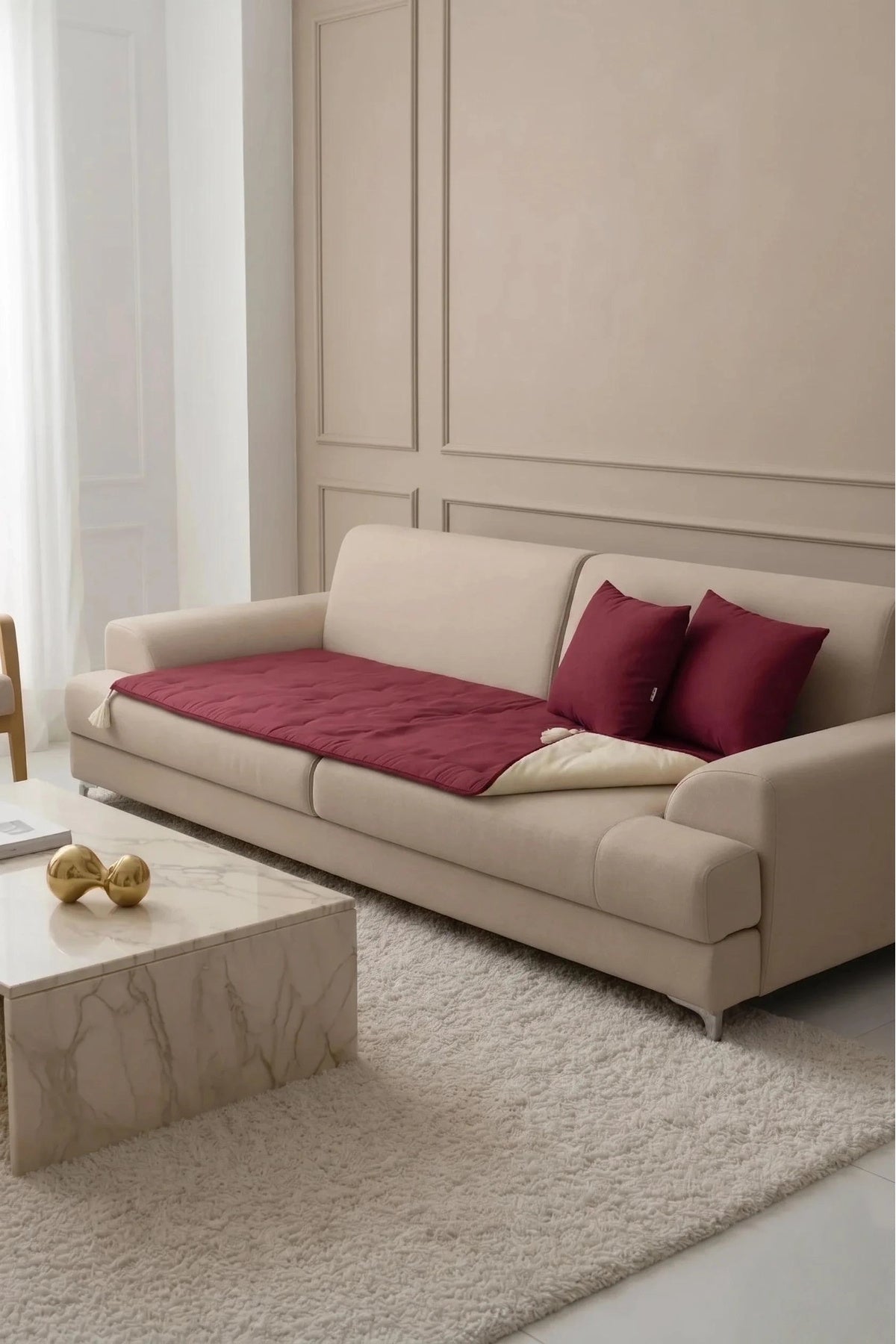 NDC HOME Luxury Çift Taraflı Keten Koltuk Pedi / Şiltesi [Kırlentli] - Bordo-Krem