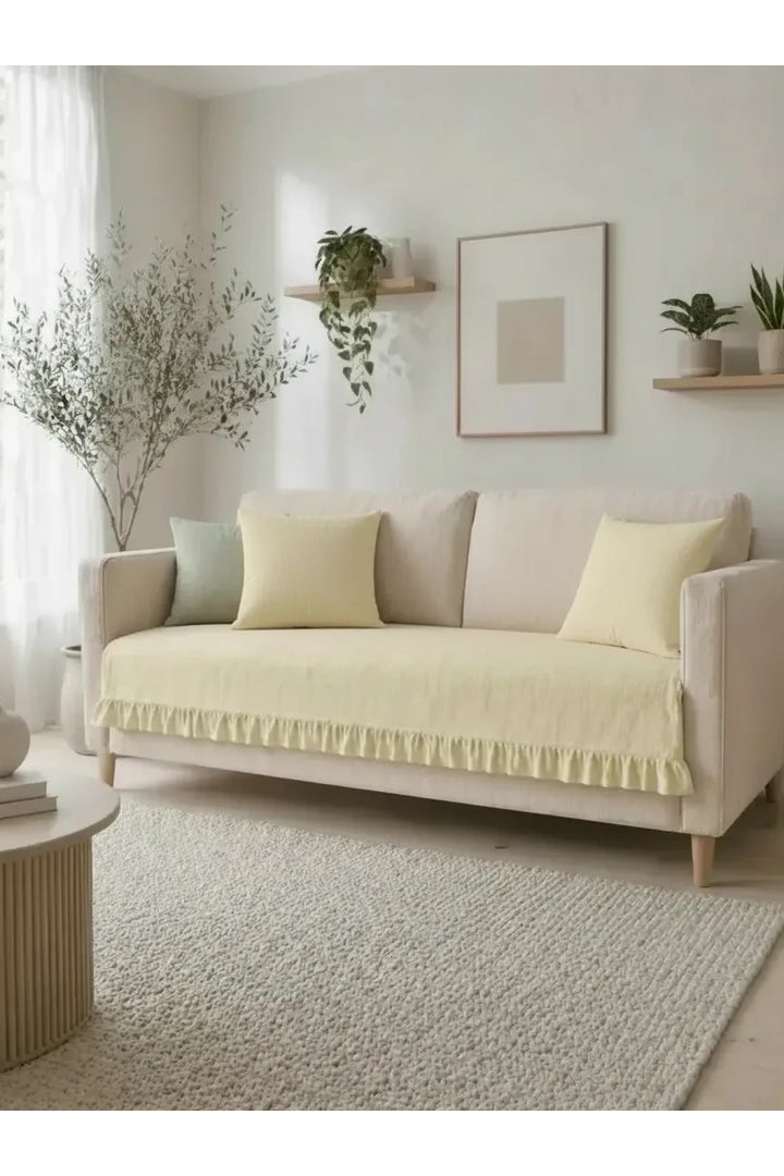 NDC HOME Fırfırlı Keten Koltuk Örtüsü [Kırlentli]-Sarı