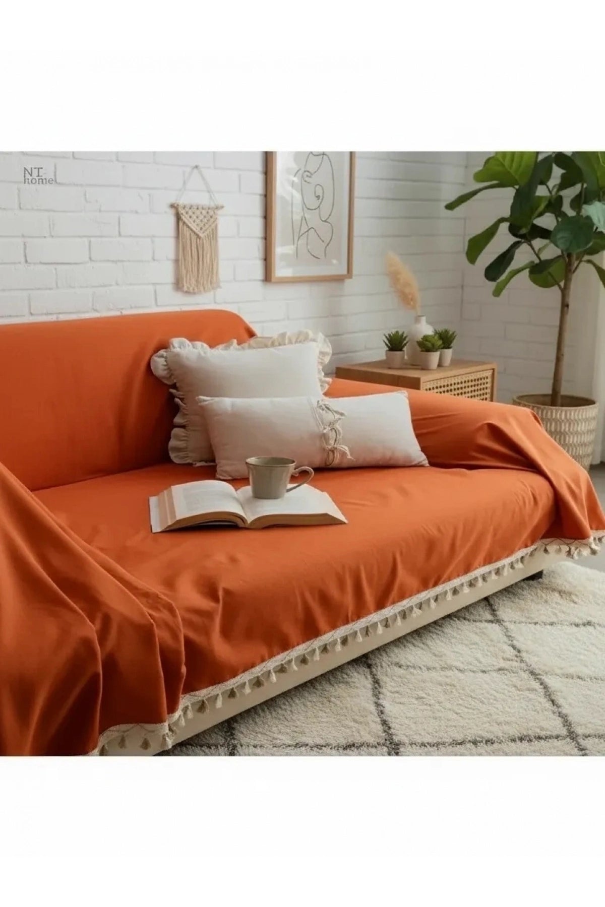 NDC HOME Premium Keten Tarçın KAHVERENGİ Ponponlu Koltuk Örtüsü (170 x 220)