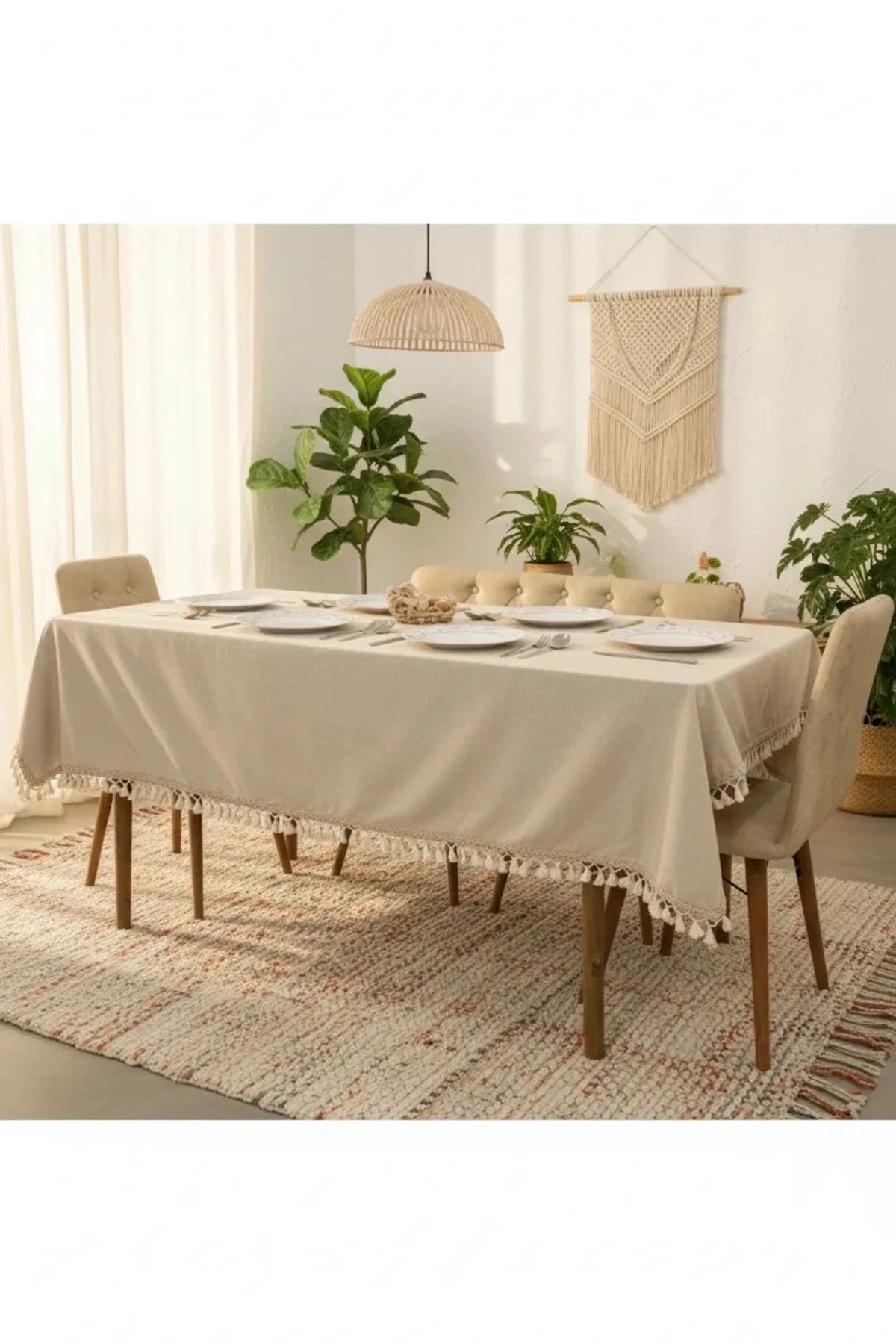NDC HOME Bej Pamuk Keten Kahverengi Şerit Ponponlu Masa Örtüsü