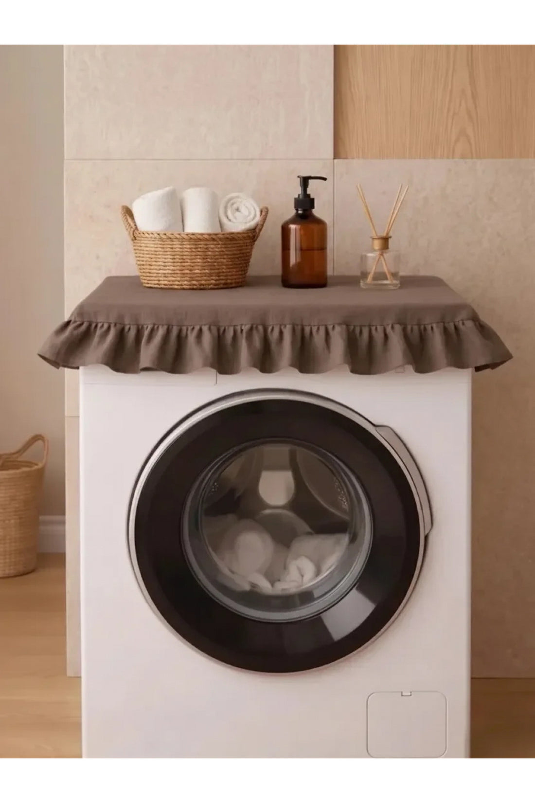 NDC HOME Fırfırlı Çamaşır Makinesi Örtüsü - Çeyizlik Dekoratif Banyo Makine Kılıfı- Kahverengi