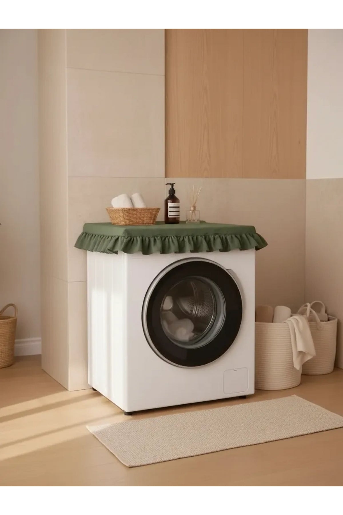 NDC HOME Fırfırlı Çamaşır Makinesi Örtüsü - Çeyizlik Dekoratif Banyo Makine Kılıfı- Haki