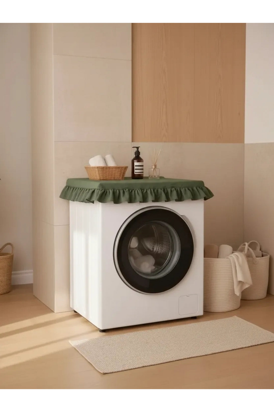 NDC HOME Fırfırlı Çamaşır Makinesi Örtüsü - Çeyizlik Dekoratif Banyo Makine Kılıfı- Haki