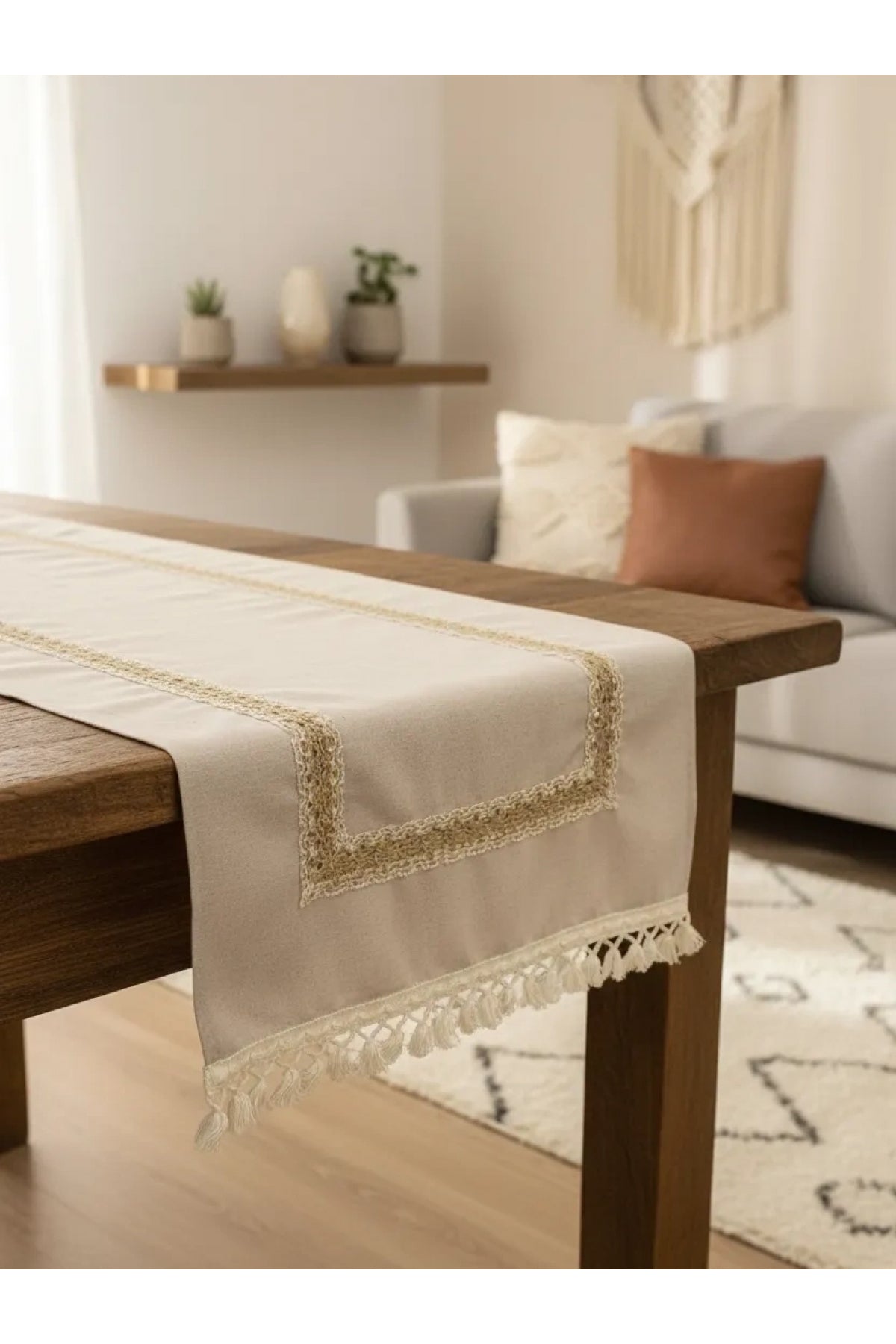 NDC HOME Keten Bej Renk Jüt Dantel Ponponlu Runner 50 X 150