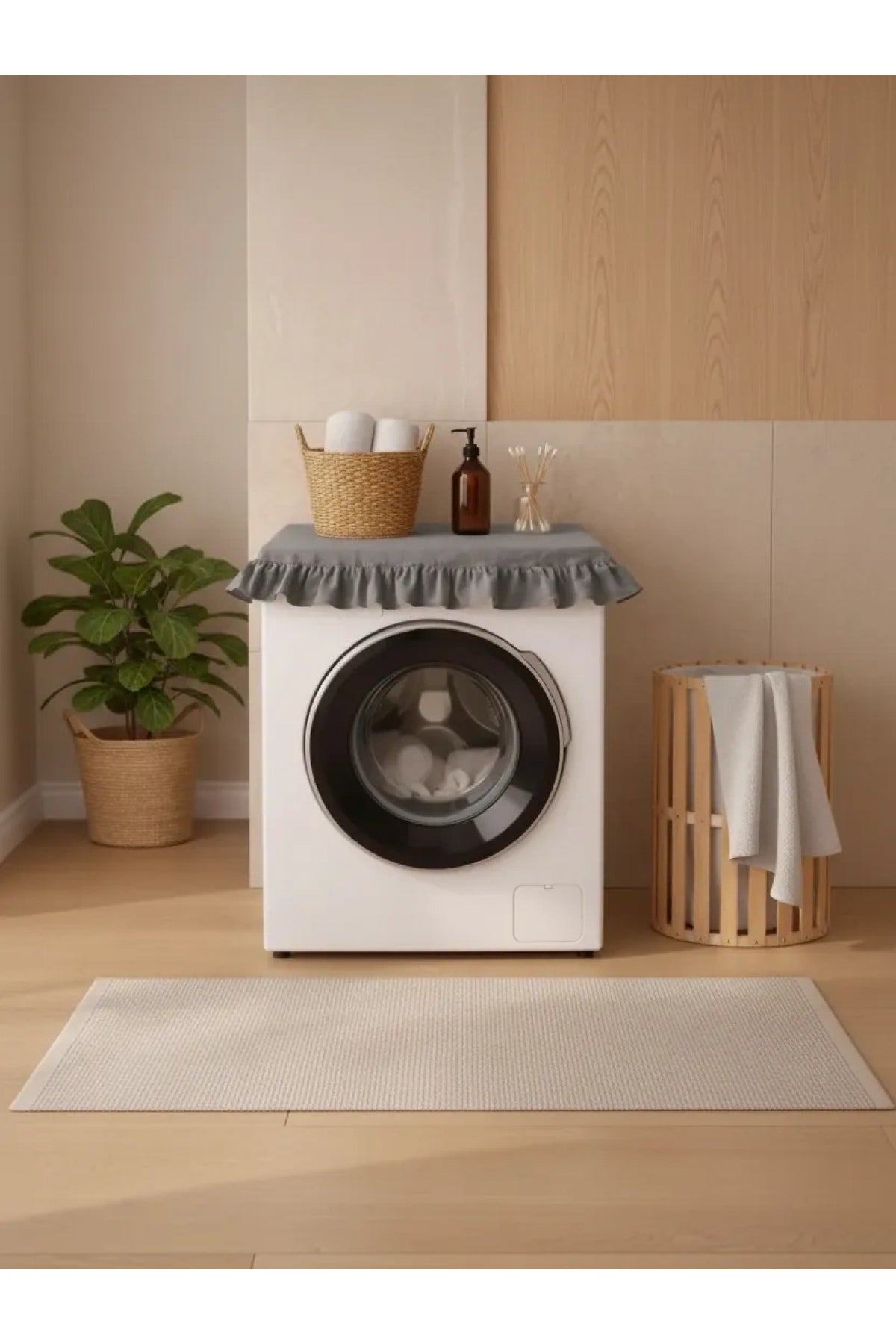 NDC HOME Fırfırlı Çamaşır Makinesi Örtüsü - Çeyizlik Dekoratif Banyo Makine Kılıfı- Füme