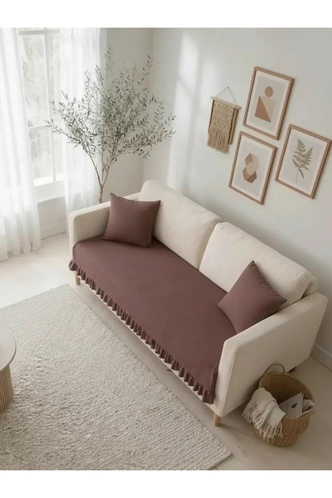 NDC HOME Fırfırlı Keten Koltuk Örtüsü [Kırlentli]-Kahverengi