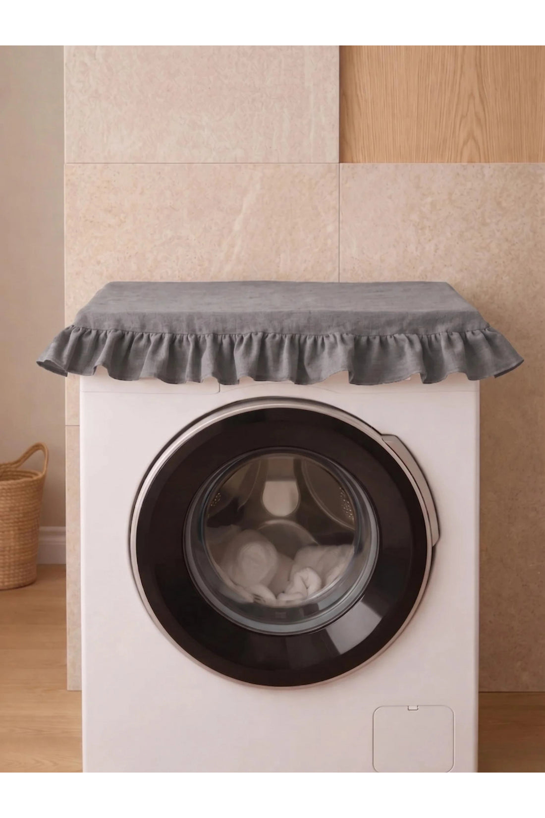 NDC HOME Fırfırlı Çamaşır Makinesi Örtüsü - Çeyizlik Dekoratif Banyo Makine Kılıfı- Füme