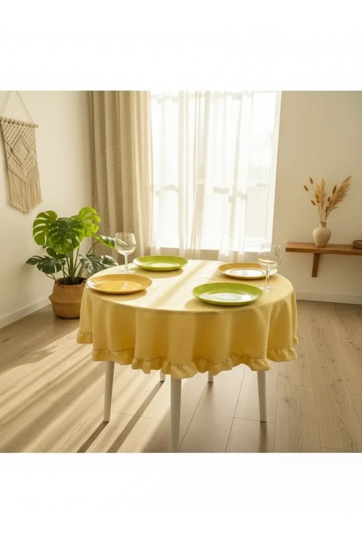 NDC HOME Sarı Keten Fırfırlı Yuvarlak Masa Örtüsü