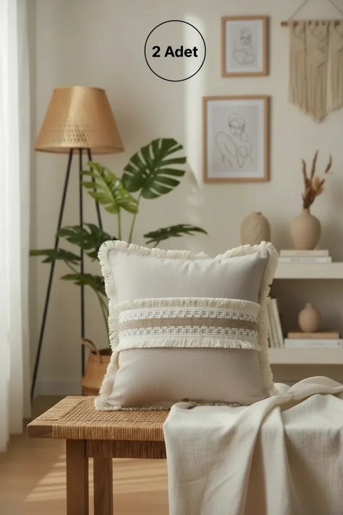 NDC HOME Keten Bej Kalın Dantel Kırlent 2 Adet Kırlent Kılıfı(43 X 43)