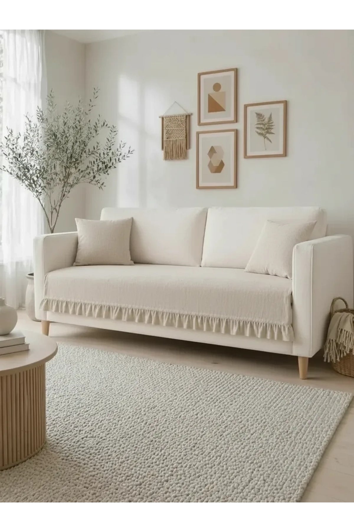 NDC HOME Fırfırlı Keten Koltuk Örtüsü [Kırlentli] -Krem
